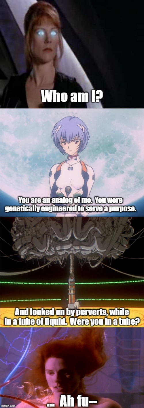 Lyta is a Rei! | Who am I? You are an analog of me.  You were genetically engineered to serve a purpose. And looked on by perverts, while in a tube of liquid.  Were you in a tube? ...  Ah fu-- | image tagged in babylon 5,neon genesis evangelion | made w/ Imgflip meme maker