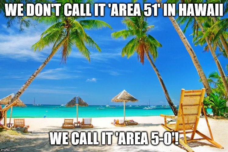 Hawaii | WE DON'T CALL IT 'AREA 51' IN HAWAII; WE CALL IT 'AREA 5-0'! | image tagged in hawaii | made w/ Imgflip meme maker