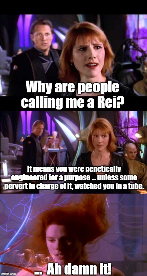 Lyta is a Rei analog | Why are people calling me a Rei? It means you were genetically engineered for a purpose ... unless some pervert in charge of it, watched you in a tube. ...  Ah damn it! | image tagged in neon genesis evangelion,babylon 5 | made w/ Imgflip meme maker