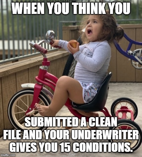 Underwriting conditions | WHEN YOU THINK YOU; SUBMITTED A CLEAN FILE AND YOUR UNDERWRITER GIVES YOU 15 CONDITIONS. | image tagged in homeloans,lifeofaprocessor,underwriter | made w/ Imgflip meme maker