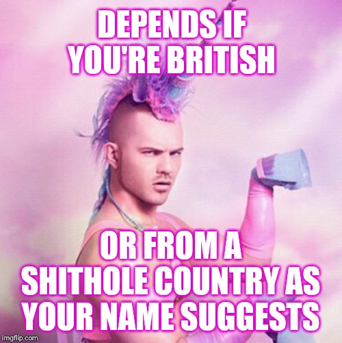 Unicorn MAN Meme | DEPENDS IF YOU'RE BRITISH OR FROM A SHITHOLE COUNTRY AS YOUR NAME SUGGESTS | image tagged in memes,unicorn man | made w/ Imgflip meme maker