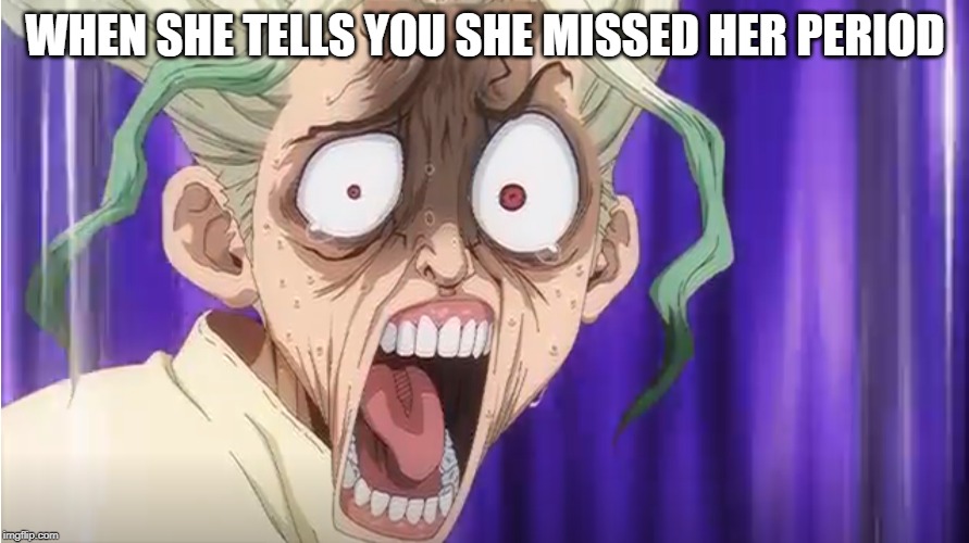 Dr. Stone Face | WHEN SHE TELLS YOU SHE MISSED HER PERIOD | image tagged in dr stone face | made w/ Imgflip meme maker