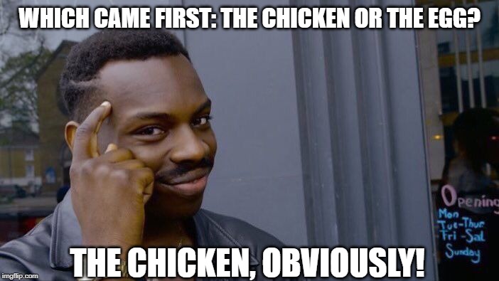 Think About It Derp | WHICH CAME FIRST: THE CHICKEN OR THE EGG? THE CHICKEN, OBVIOUSLY! | image tagged in memes,roll safe think about it | made w/ Imgflip meme maker