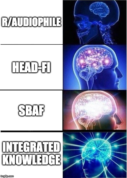 Expanding Brain Meme | R/AUDIOPHILE; HEAD-FI; SBAF; INTEGRATED KNOWLEDGE | image tagged in memes,expanding brain | made w/ Imgflip meme maker
