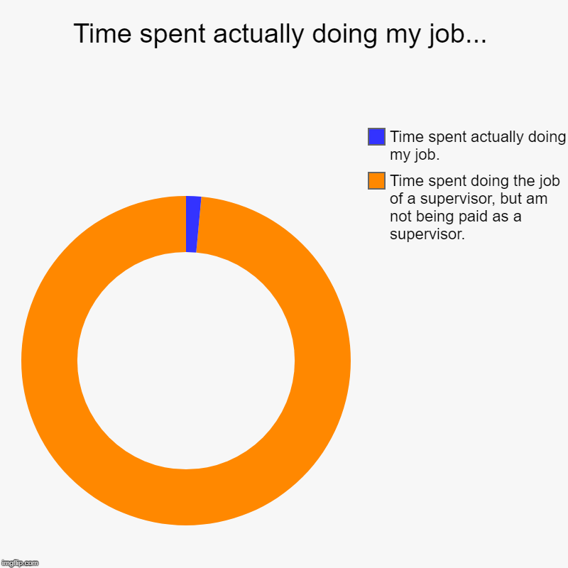Time spent actually doing my job... | Time spent doing the job of a supervisor, but am not being paid as a supervisor., Time spent actually  | image tagged in charts,donut charts | made w/ Imgflip chart maker