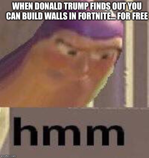 Trump Lightyear | WHEN DONALD TRUMP FINDS OUT YOU CAN BUILD WALLS IN FORTNITE... FOR FREE | image tagged in buzz lightyear hmm,donald trump,fortnite,walls,toy story | made w/ Imgflip meme maker