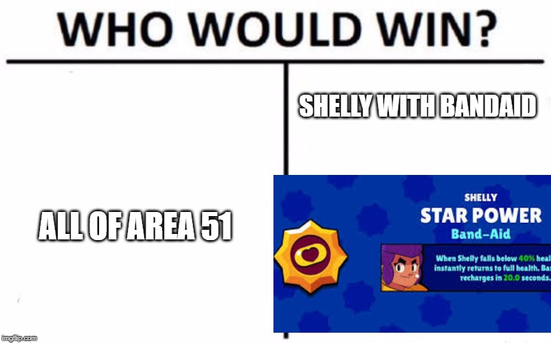 Who Would Win? | SHELLY WITH BANDAID; ALL OF AREA 51 | image tagged in memes,who would win | made w/ Imgflip meme maker