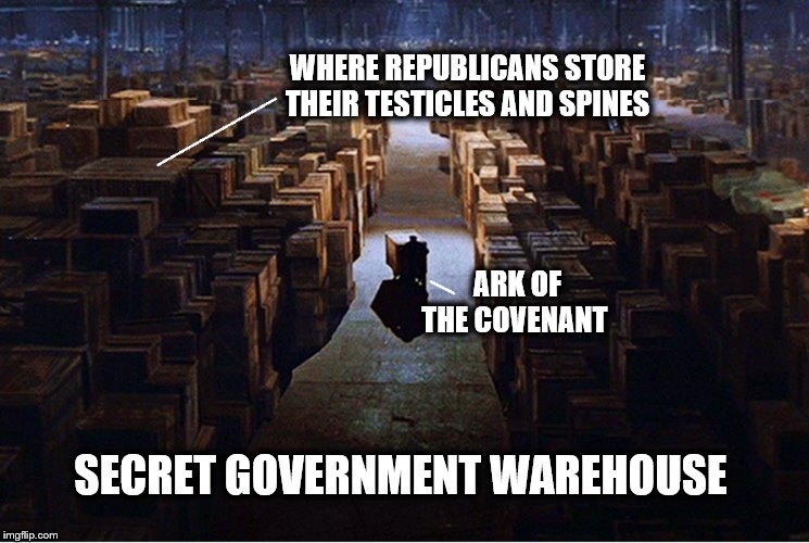 The Deep State..... | WHERE REPUBLICANS STORE THEIR TESTICLES AND SPINES; ARK OF THE COVENANT; SECRET GOVERNMENT WAREHOUSE | image tagged in republican party,testicles,weakness,pathetic | made w/ Imgflip meme maker