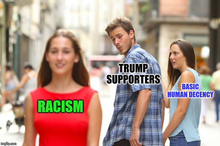Distracted Boyfriend Meme | TRUMP SUPPORTERS; BASIC HUMAN DECENCY; RACISM | image tagged in memes,distracted boyfriend | made w/ Imgflip meme maker