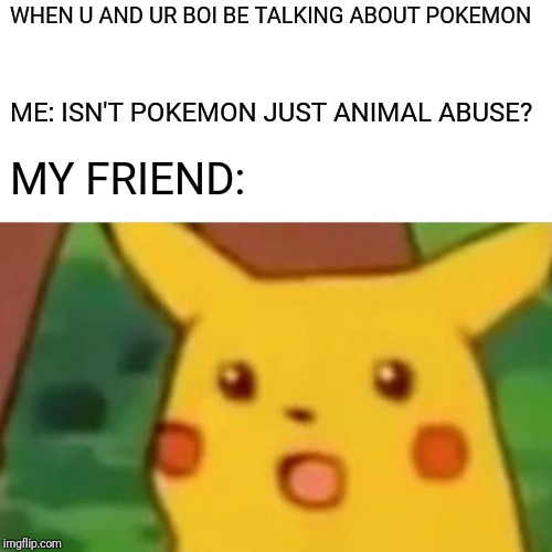 Surprised Pikachu Meme | WHEN U AND UR BOI BE TALKING ABOUT POKEMON; ME: ISN'T POKEMON JUST ANIMAL ABUSE? MY FRIEND: | image tagged in memes,surprised pikachu | made w/ Imgflip meme maker