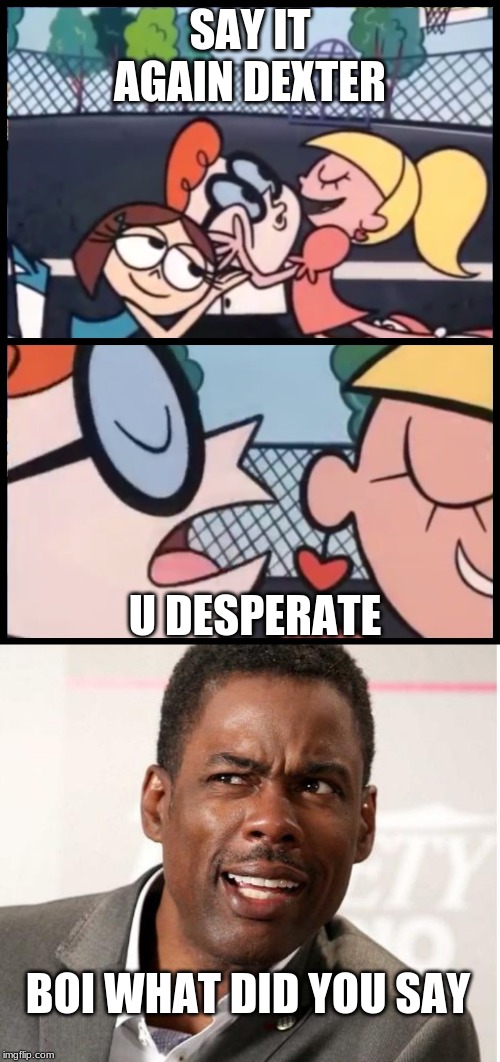 SAY IT AGAIN DEXTER; U DESPERATE; BOI WHAT DID YOU SAY | image tagged in chris rock wut,memes,say it again dexter | made w/ Imgflip meme maker