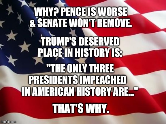 American flag | WHY? PENCE IS WORSE & SENATE WON'T REMOVE. TRUMP'S DESERVED PLACE IN HISTORY IS:; "THE ONLY THREE; PRESIDENTS IMPEACHED; IN AMERICAN HISTORY ARE..."; THAT'S WHY. | image tagged in american flag | made w/ Imgflip meme maker