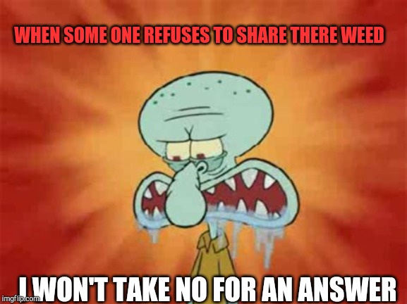 Squidward won't take no for an answer | WHEN SOME ONE REFUSES TO SHARE THERE WEED; I WON'T TAKE NO FOR AN ANSWER | image tagged in squidward week | made w/ Imgflip meme maker