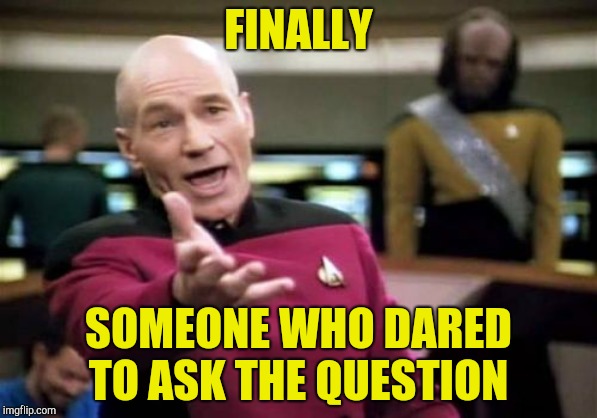 Picard Wtf Meme | FINALLY SOMEONE WHO DARED TO ASK THE QUESTION | image tagged in memes,picard wtf | made w/ Imgflip meme maker