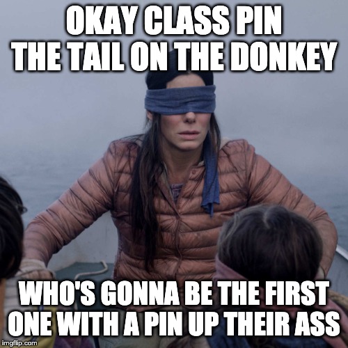 Bird Box Meme | OKAY CLASS PIN THE TAIL ON THE DONKEY; WHO'S GONNA BE THE FIRST ONE WITH A PIN UP THEIR ASS | image tagged in memes,bird box | made w/ Imgflip meme maker