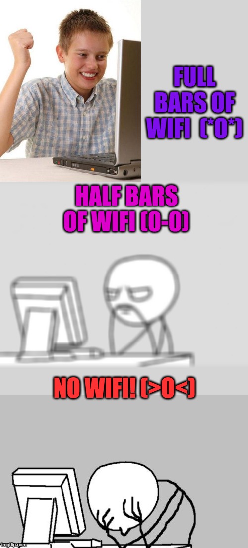 The three different types of people in the world | FULL BARS OF WIFI  (*O*); HALF BARS OF WIFI (0-0); NO WIFI! (>O<) | image tagged in memes,computer guy | made w/ Imgflip meme maker