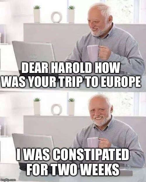 Hide the Pain Harold Meme | DEAR HAROLD HOW WAS YOUR TRIP TO EUROPE; I WAS CONSTIPATED FOR TWO WEEKS | image tagged in memes,hide the pain harold | made w/ Imgflip meme maker