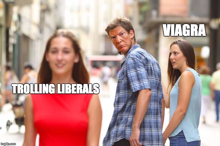 distracted trump | VIAGRA; TROLLING LIBERALS | image tagged in distracted trump | made w/ Imgflip meme maker