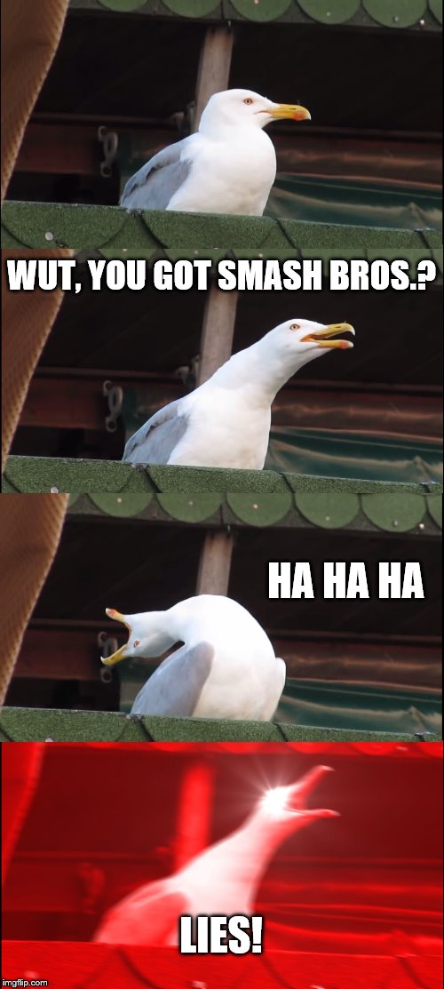 Inhaling Seagull | WUT, YOU GOT SMASH BROS.? HA HA HA; LIES! | image tagged in memes,inhaling seagull | made w/ Imgflip meme maker