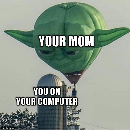 Yoda Balloon | YOUR MOM; YOU ON YOUR COMPUTER | image tagged in yoda balloon | made w/ Imgflip meme maker