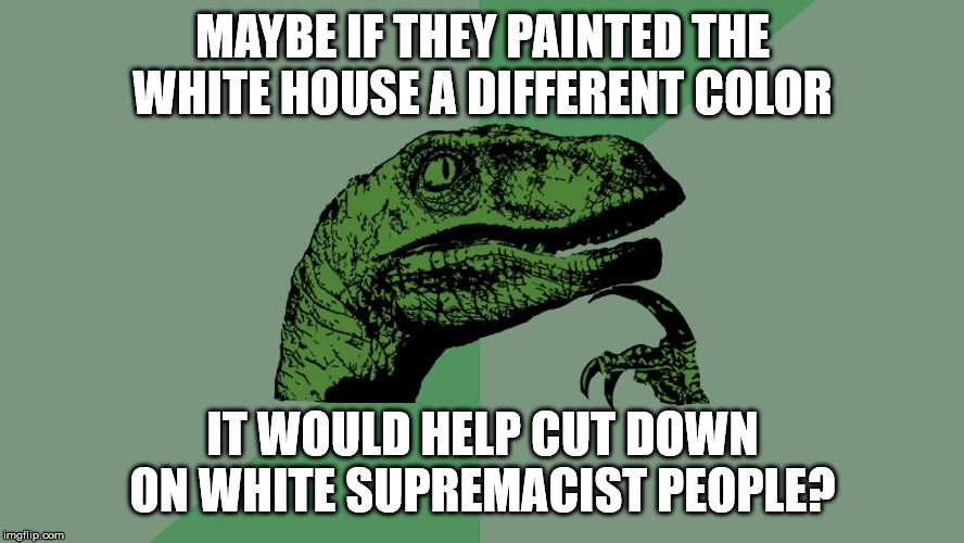 Maybe beige..... | MAYBE IF THEY PAINTED THE WHITE HOUSE A DIFFERENT COLOR; IT WOULD HELP CUT DOWN ON WHITE SUPREMACIST PEOPLE? | image tagged in philosophy dinosaur,the white house,color,white supremacists,haters,might is right | made w/ Imgflip meme maker