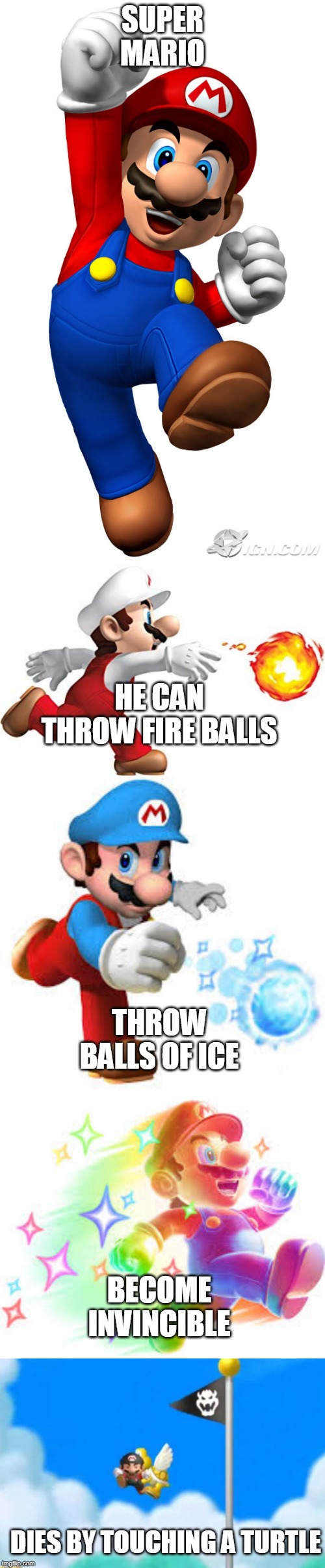 SUPER MARIO | SUPER MARIO; HE CAN THROW FIRE BALLS; THROW BALLS OF ICE; BECOME INVINCIBLE; DIES BY TOUCHING A TURTLE | image tagged in super mario,mario,super mario bros,nintendo,video games | made w/ Imgflip meme maker