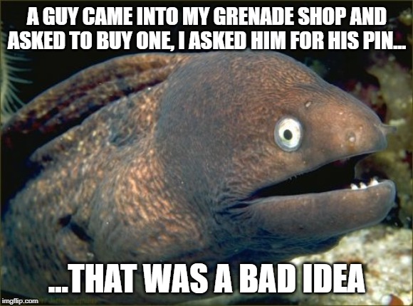 Grenade Shop | A GUY CAME INTO MY GRENADE SHOP AND ASKED TO BUY ONE, I ASKED HIM FOR HIS PIN... ...THAT WAS A BAD IDEA | image tagged in memes,bad joke eel,funny,jokes,bad pun,money | made w/ Imgflip meme maker
