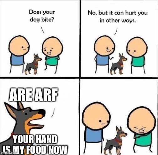 does your dog bite | ARE ARF; YOUR HAND IS MY FOOD NOW | image tagged in does your dog bite | made w/ Imgflip meme maker