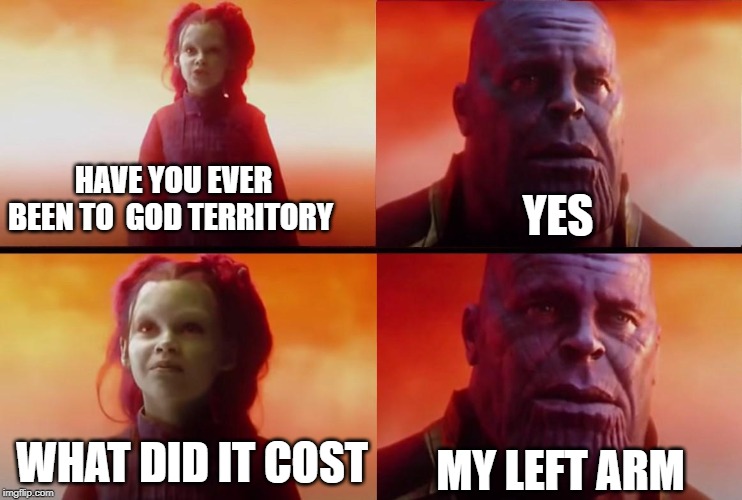 thanos what did it cost | HAVE YOU EVER BEEN TO  GOD TERRITORY; YES; WHAT DID IT COST; MY LEFT ARM | image tagged in thanos what did it cost | made w/ Imgflip meme maker