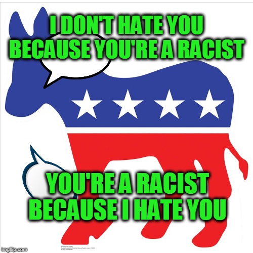 Just to Clarify |  I DON'T HATE YOU BECAUSE YOU'RE A RACIST; YOU'RE A RACIST BECAUSE I HATE YOU | image tagged in democrat party,jackass,racism | made w/ Imgflip meme maker