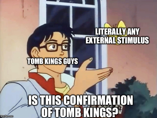 ANIME BUTTERFLY MEME | LITERALLY ANY EXTERNAL STIMULUS; TOMB KINGS GUYS; IS THIS CONFIRMATION OF TOMB KINGS? | image tagged in anime butterfly meme | made w/ Imgflip meme maker