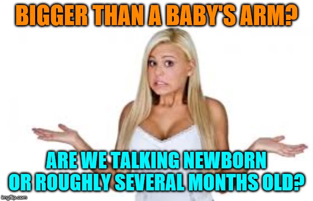 Dumb Blonde | BIGGER THAN A BABY'S ARM? ARE WE TALKING NEWBORN OR ROUGHLY SEVERAL MONTHS OLD? | image tagged in dumb blonde,baby's arm,she actually gets it,more or less,i really just wanted to use this meme | made w/ Imgflip meme maker