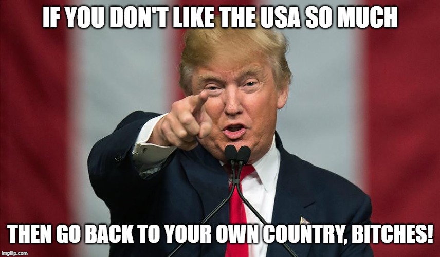 The Fat Racist Orange | IF YOU DON'T LIKE THE USA SO MUCH; THEN GO BACK TO YOUR OWN COUNTRY, BITCHES! | image tagged in donald trump,racism,racism sucks | made w/ Imgflip meme maker