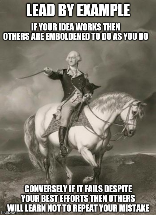 Point of Advice | LEAD BY EXAMPLE; IF YOUR IDEA WORKS THEN OTHERS ARE EMBOLDENED TO DO AS YOU DO; CONVERSELY IF IT FAILS DESPITE YOUR BEST EFFORTS THEN OTHERS WILL LEARN NOT TO REPEAT YOUR MISTAKE | image tagged in adventures of george washington | made w/ Imgflip meme maker