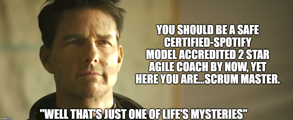 Scrum master maverick | YOU SHOULD BE A SAFE CERTIFIED-SPOTIFY MODEL ACCREDITED 2 STAR AGILE COACH BY NOW, YET HERE YOU ARE...SCRUM MASTER. "WELL THAT'S JUST ONE OF LIFE'S MYSTERIES" | image tagged in software,agile | made w/ Imgflip meme maker