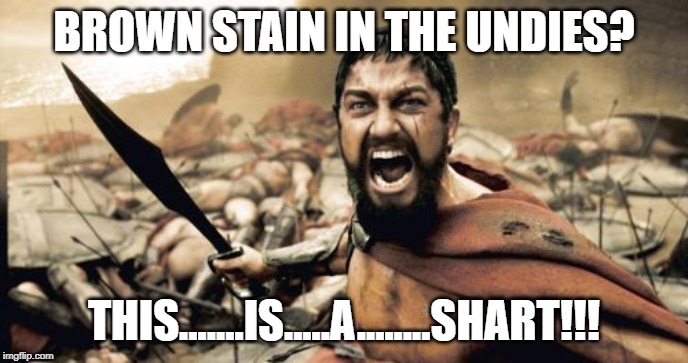 Skidmark | BROWN STAIN IN THE UNDIES? THIS.......IS.....A........SHART!!! | image tagged in memes,sparta leonidas | made w/ Imgflip meme maker