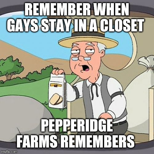 Pepperidge Farm Remembers Meme | REMEMBER WHEN GAYS STAY IN A CLOSET; PEPPERIDGE FARMS REMEMBERS | image tagged in memes,pepperidge farm remembers | made w/ Imgflip meme maker