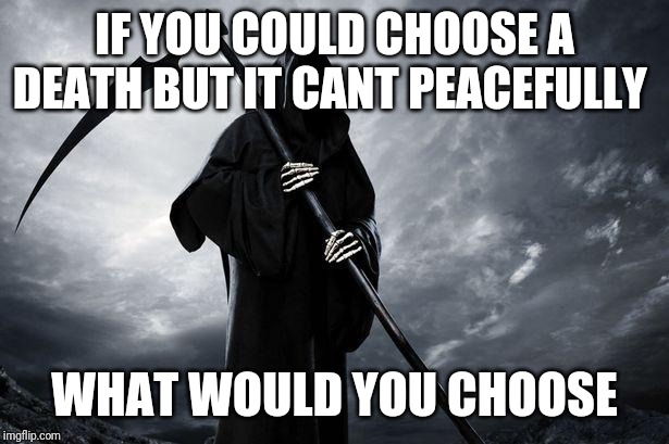 Death | IF YOU COULD CHOOSE A DEATH BUT IT CANT PEACEFULLY; WHAT WOULD YOU CHOOSE | image tagged in death | made w/ Imgflip meme maker