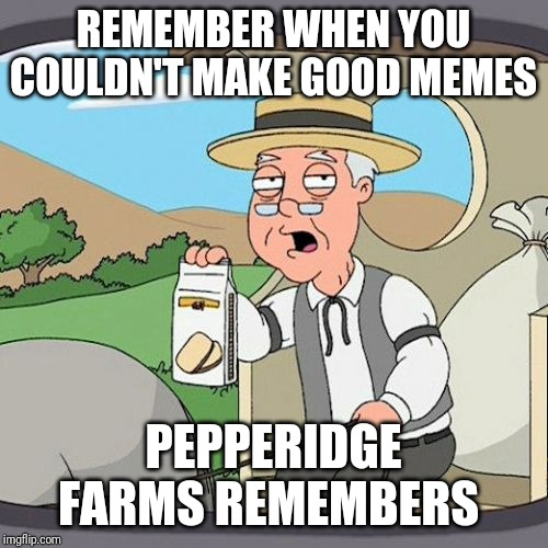 Pepperidge Farm Remembers | REMEMBER WHEN YOU COULDN'T MAKE GOOD MEMES; PEPPERIDGE FARMS REMEMBERS | image tagged in memes,pepperidge farm remembers | made w/ Imgflip meme maker