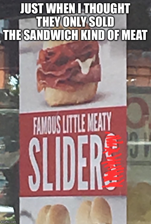 Arbys: we have the meats | JUST WHEN I THOUGHT THEY ONLY SOLD THE SANDWICH KIND OF MEAT | image tagged in memes,dank memes,jokes,haha | made w/ Imgflip meme maker