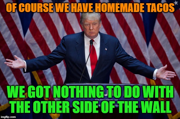 Donald Trump | OF COURSE WE HAVE HOMEMADE TACOS WE GOT NOTHING TO DO WITH THE OTHER SIDE OF THE WALL | image tagged in donald trump | made w/ Imgflip meme maker