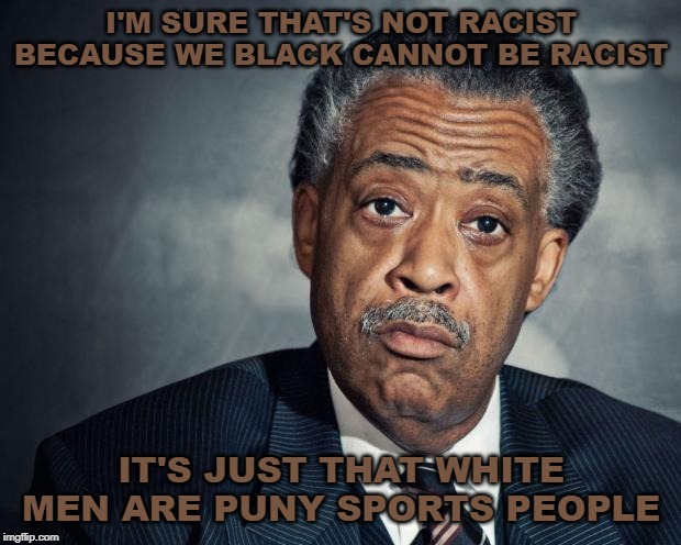 al sharpton racist | I'M SURE THAT'S NOT RACIST BECAUSE WE BLACK CANNOT BE RACIST IT'S JUST THAT WHITE MEN ARE PUNY SPORTS PEOPLE | image tagged in al sharpton racist | made w/ Imgflip meme maker