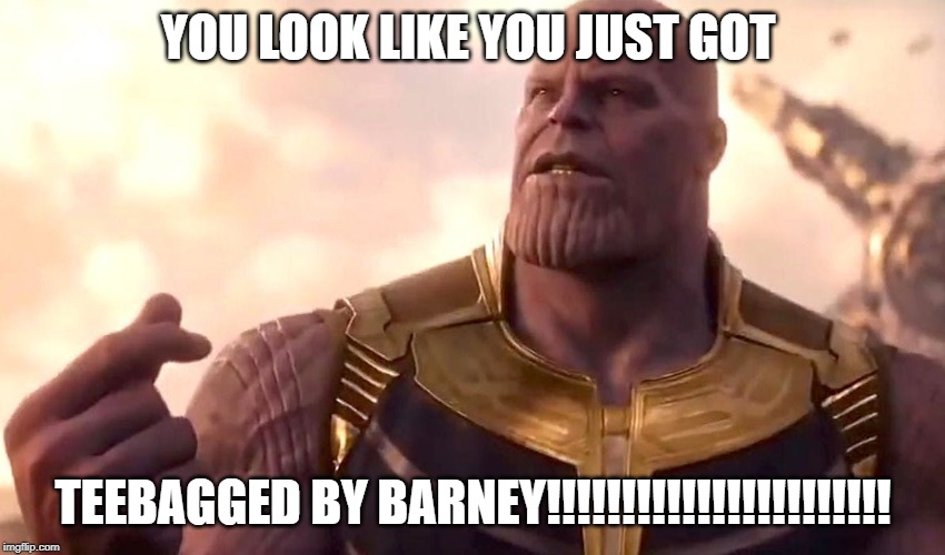 thanos snap | YOU LOOK LIKE YOU JUST GOT; TEEBAGGED BY BARNEY!!!!!!!!!!!!!!!!!!!!!!! | image tagged in thanos snap | made w/ Imgflip meme maker