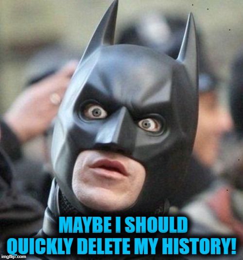 Shocked Batman | MAYBE I SHOULD QUICKLY DELETE MY HISTORY! | image tagged in shocked batman | made w/ Imgflip meme maker