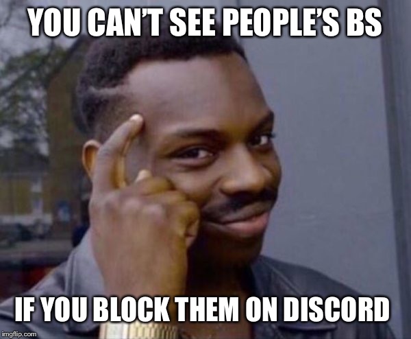 Guy tapping head | YOU CAN’T SEE PEOPLE’S BS; IF YOU BLOCK THEM ON DISCORD | image tagged in guy tapping head | made w/ Imgflip meme maker