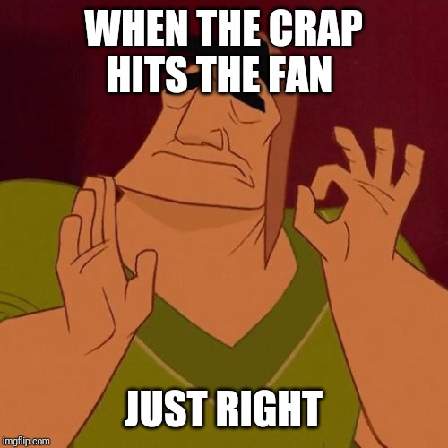 When X just right | WHEN THE CRAP HITS THE FAN; JUST RIGHT | image tagged in when x just right | made w/ Imgflip meme maker