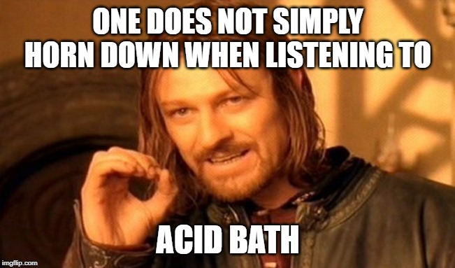 One Does Not Simply | ONE DOES NOT SIMPLY HORN DOWN WHEN LISTENING TO; ACID BATH | image tagged in memes,one does not simply | made w/ Imgflip meme maker