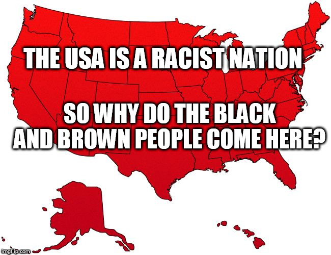 Red USA map | THE USA IS A RACIST NATION; SO WHY DO THE BLACK AND BROWN PEOPLE COME HERE? | image tagged in red usa map | made w/ Imgflip meme maker
