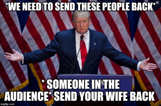 Donald Trump | *WE NEED TO SEND THESE PEOPLE BACK*; * SOMEONE IN THE AUDIENCE* SEND YOUR WIFE BACK | image tagged in donald trump | made w/ Imgflip meme maker