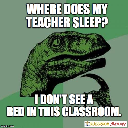 Philosoraptor | WHERE DOES MY TEACHER SLEEP? I DON'T SEE A BED IN THIS CLASSROOM. | image tagged in memes,philosoraptor | made w/ Imgflip meme maker